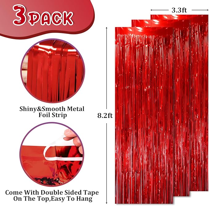 3 Pack 3.3x8.2 Feet Red Foil Fringe Backdrop Curtains, Tinsel Streamers - Image 3