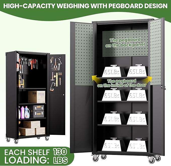 71'' Garage Storage Cabinet on Wheels Black Metal Tool Cabinets - Image 4