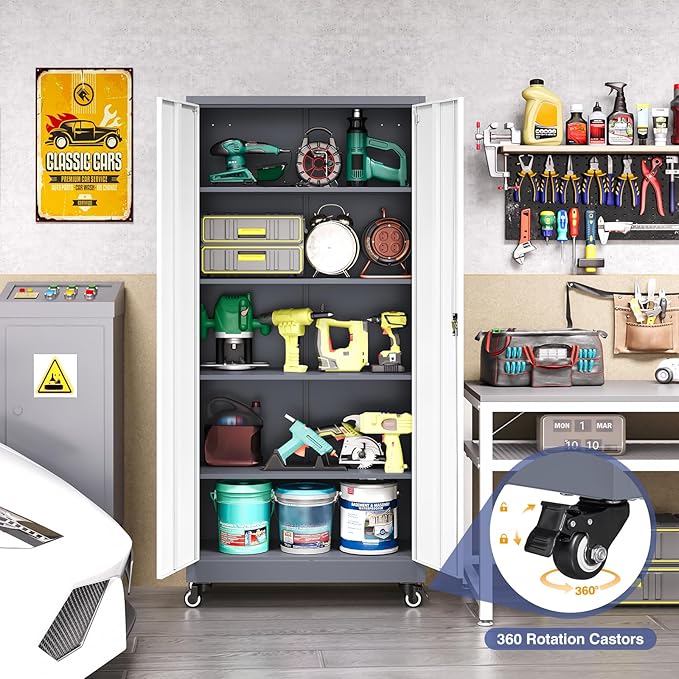Metal Storage Cabinet with Wheels, Tall Garage Storage Cabinet with 4 - Image 4