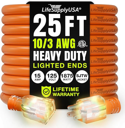 25ft Outdoor/Indoor Extension Cord 10/3 Gauge Ultra Heavy Duty 3 Prong SJTW by LifeSupplyUSA