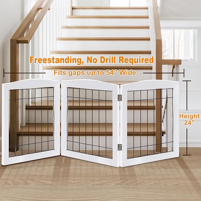 LZRS 3-Panel Freestanding Foldable Wooden Dog Gate –Solid Wood & Steel Wire - Image 2