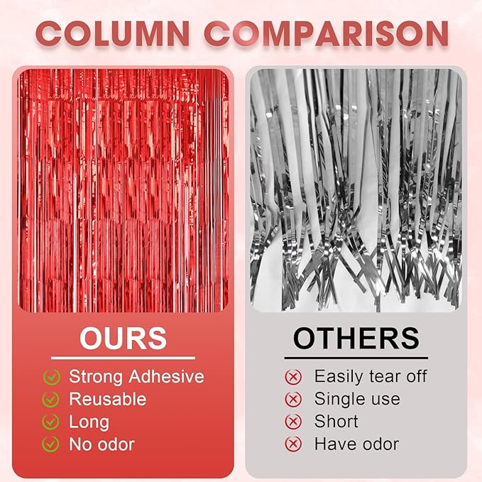 3 Pack 3.3 x 8.2 ft Laser Red Foil Fringe Backdrop Curtains, Tinsel Streamers - Image 6