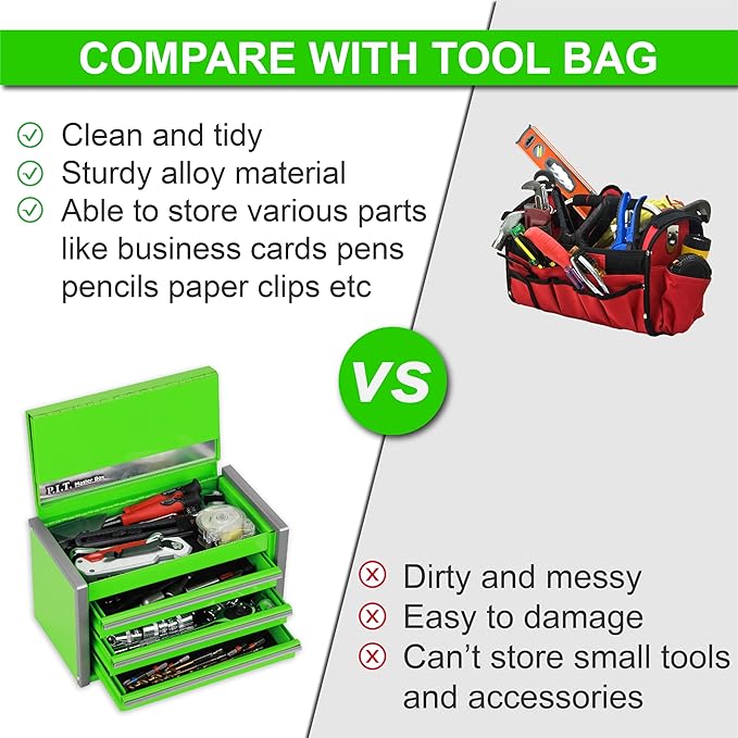 P.I.T. Mini Green Tool Box, Portable 3 Drawer Steel Stackable Tool Box - Image 7