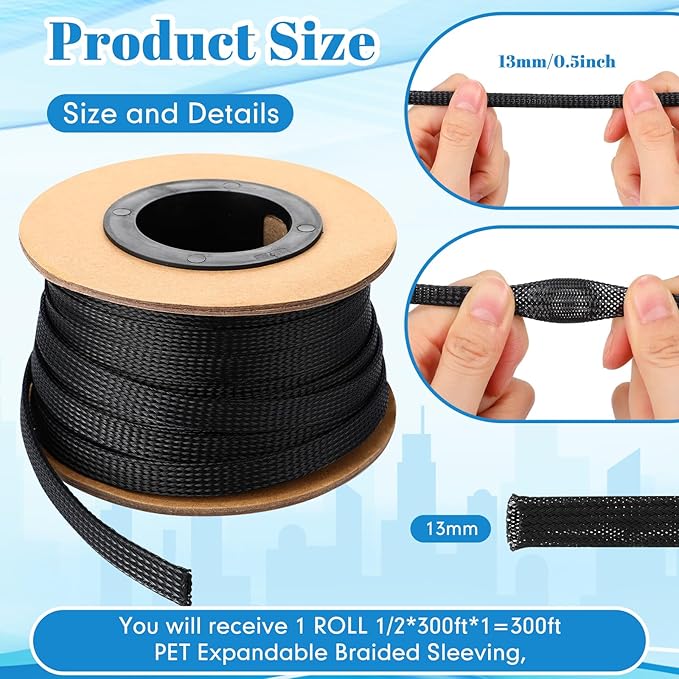 Pangda 300 Feet 1/2 Inch Wire Loom PET Expandable Braided Sleeving Braided - Image 2