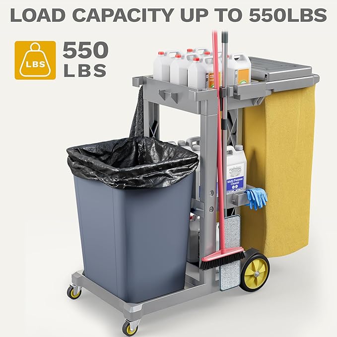 DWVO Janitorial Cart on Wheels, Cleaning Carts, Housekeeping Cart, 3 Shelf - Image 3
