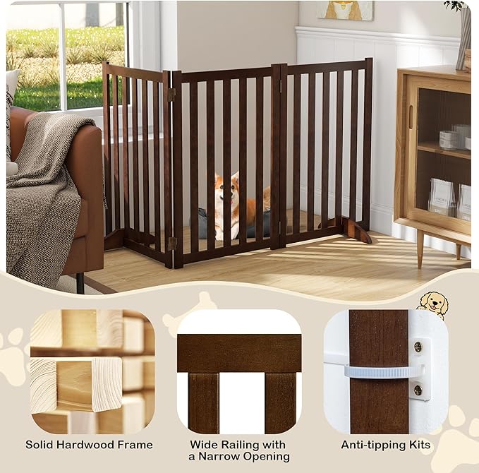 30" Height Tall Freestanding Pet Gate, Solid Wood Folding Safety Fence Wooden - Image 4
