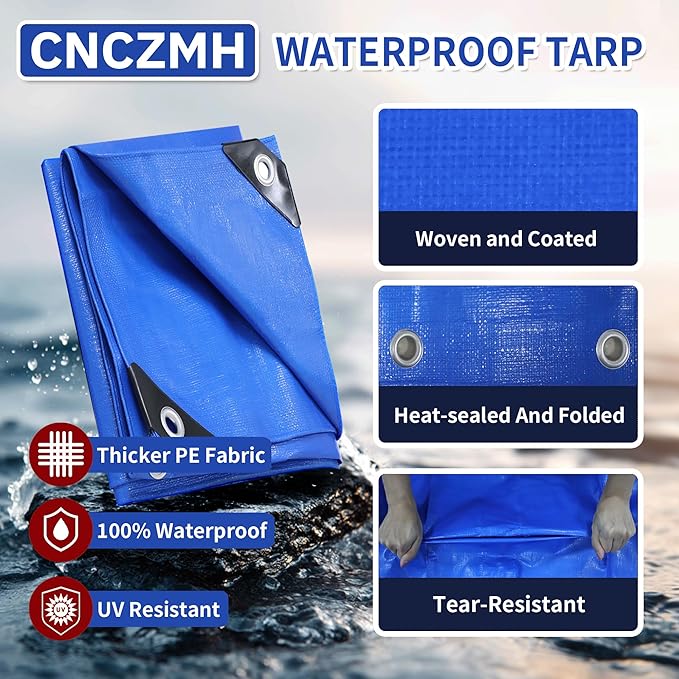 Tarp Waterproof 8x10 Feet, 8 Mil Thick Finished Size Blue Poly Tarpaulin Outdoor - Image 2