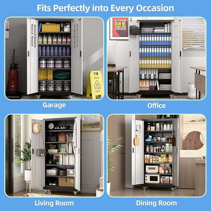 Garage Storage Cabinet with Wheels & Pegboard, Lockable Metal Storage Cabinet - Image 7