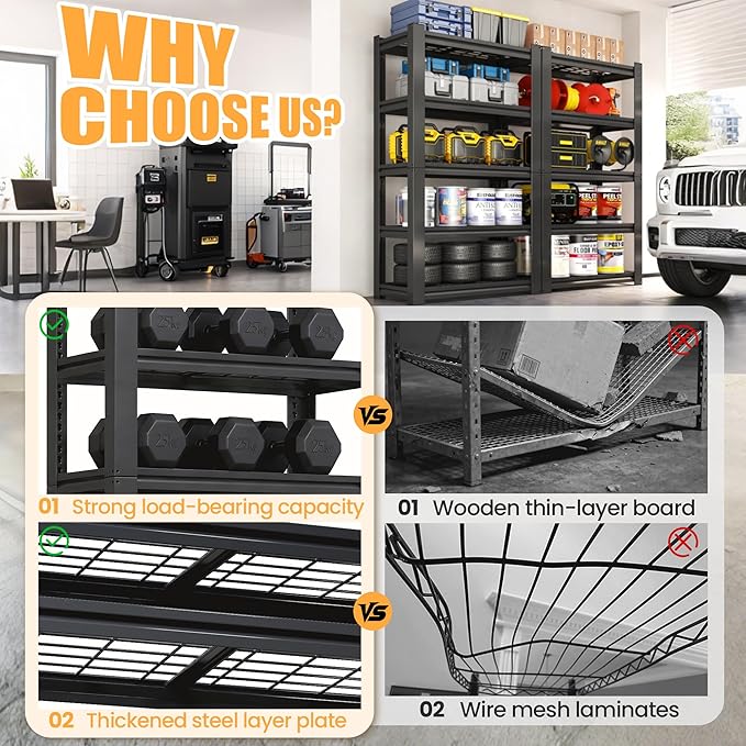 Heavy Duty Garage Shelving, Metal Storage Shelves, 5 Tier Adjustable Storage - Image 3