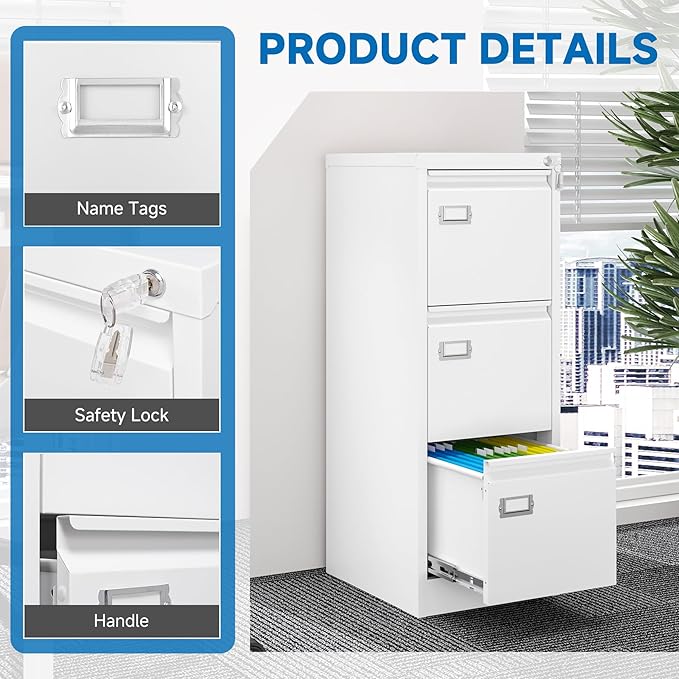 3 Drawer File Cabinet with Lock Metal Vertical File Storage Cabinet Office Home - Image 9