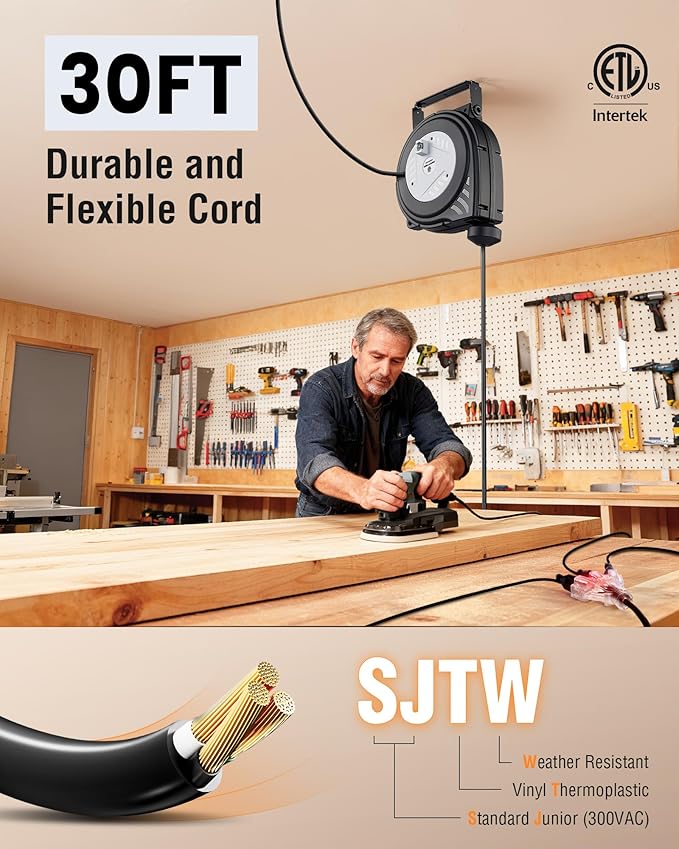 SURAIELEC 30 FT Retractable Extension Cord Reel, 16AWG SJTW Power Cord - Image 2