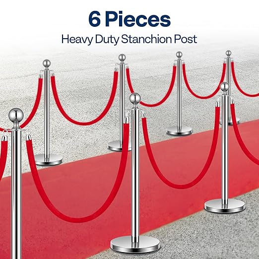 VIVOHOME Stainless Steel Stanchion Post Queue 6PCS Pole w/ 4 Red Velvet Ropes - Image 2