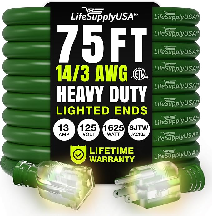 75ft Outdoor/Indoor Extension Cord 14/3 Gauge Heavy Duty 3 Prong SJTW, by LifeSupplyUSA
