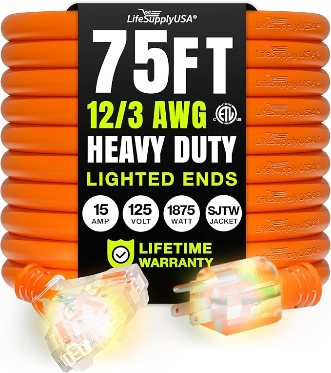 75ft Outdoor/Indoor Extension Cord 3-Outlet 12/3 Gauge Extra Heavy Duty ETL by LifeSupplyUSA