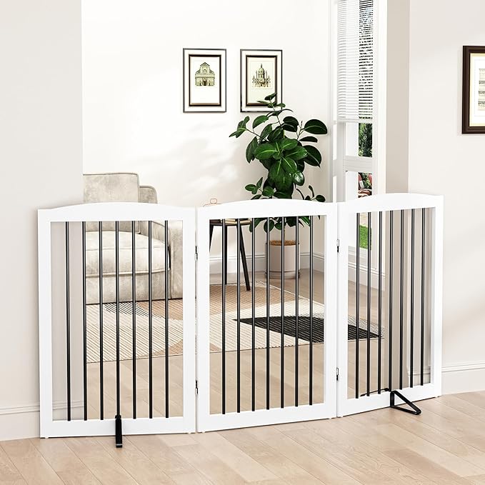Freestanding Pet Gate for Dogs, Foldable Wooden Dog Gate for House Indoor by PUPETPO
