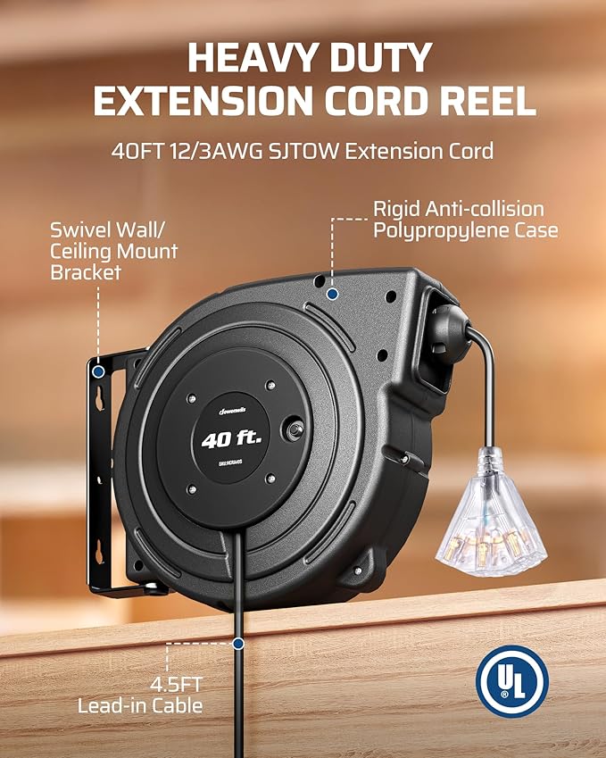 DEWENWILS Extension Cord Reel, 40FT Retractable Cord Reel, 12/3AWG SJTOW - Image 6
