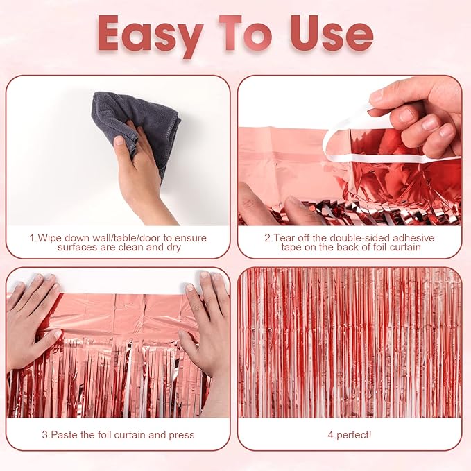 3 Pack 3.3x8.2 Feet Rose Gold Foil Fringe Backdrop Curtains, Tinsel Streamers - Image 4