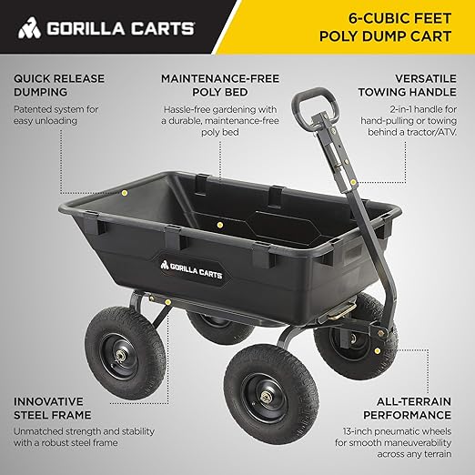 Gorilla Carts Heavy-Duty Poly Yard Dump Cart, 6 Cu Ft Tub, 1200 lb Haul Capacity - Image 2