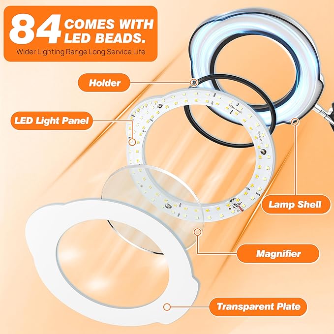 10X Magnifying Glass with Light and Clamp, 5 Color Stepless Dimmable Modes 84 - Image 3