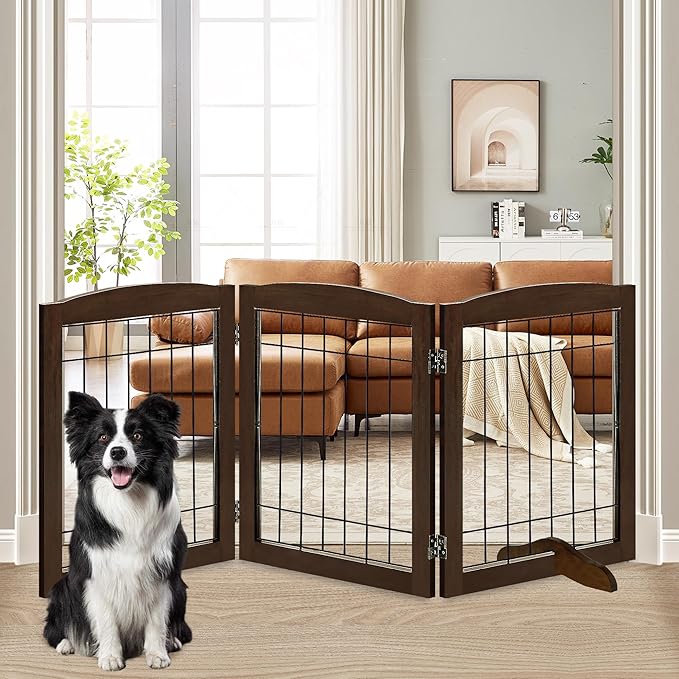 LZRS 3-Panel Freestanding Adjustable Wooden Dog Gate—30" Tall Foldable Pet by LZRSPET