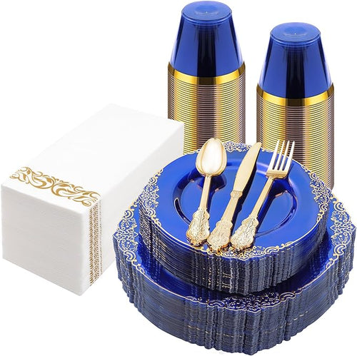 175PCS Clear Blue Plastic Plates by Bestluck