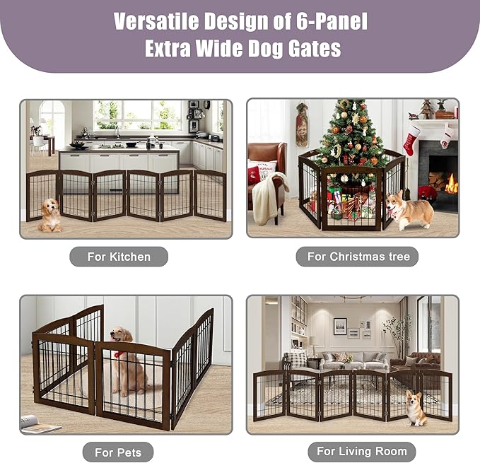 LZRS 6-Panel Extra Wide Wooden Freestanding Dog Gate: Foldable Solid Wood and - Image 6