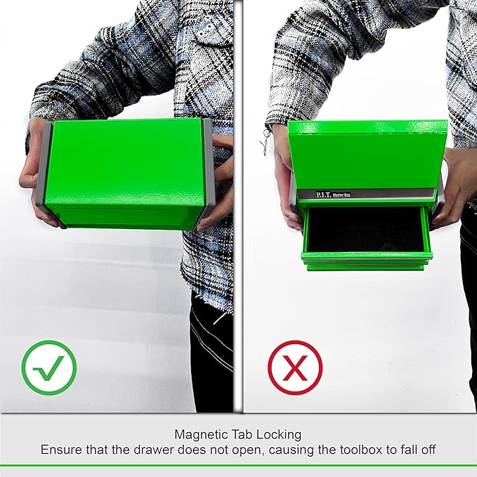 P.I.T. Mini Green Tool Box, Portable 3 Drawer Steel Stackable Tool Box - Image 9