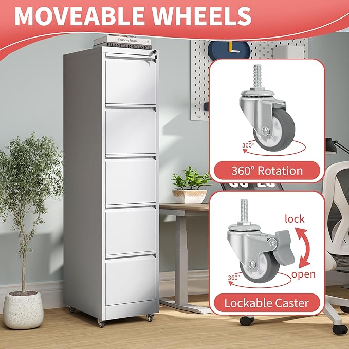 5 Drawer File Cabinet with Wheels, Metal Mobile Filing Cabinets with Lock - Image 5