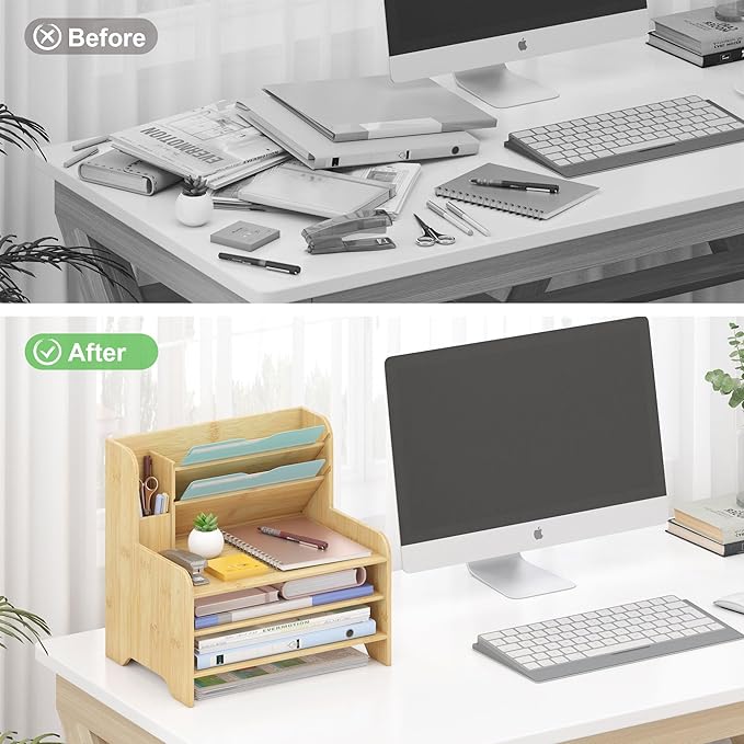 Bamboo Desk Organizer Mail Holder Countertop Letter Tray File Organizer - Image 6