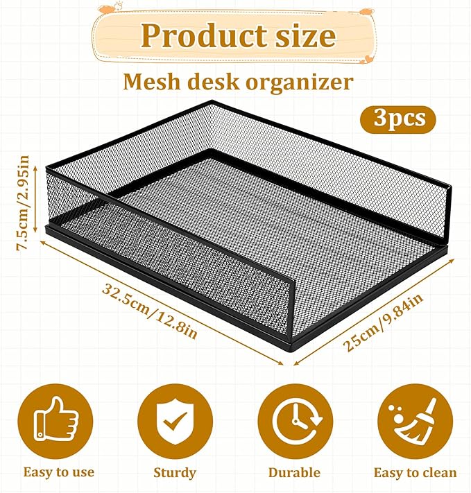 3 Pcs Black Metal Letter Tray, 3-Tier Stackable Paper Tray, Metal Mesh Desktop - Image 2