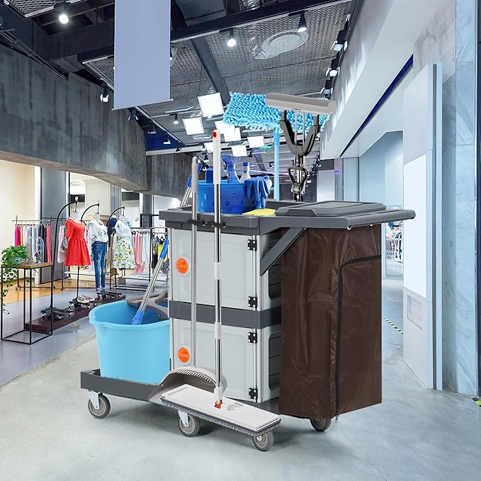Janitorial Cart with 2 Cabinet, Commercial Cleaning Cart On Wheels with Cover - Image 8
