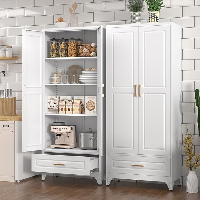 Kitchen Pantry Cabinet with Drawer, Metal Storage Cabinets with Doors and - Image 2