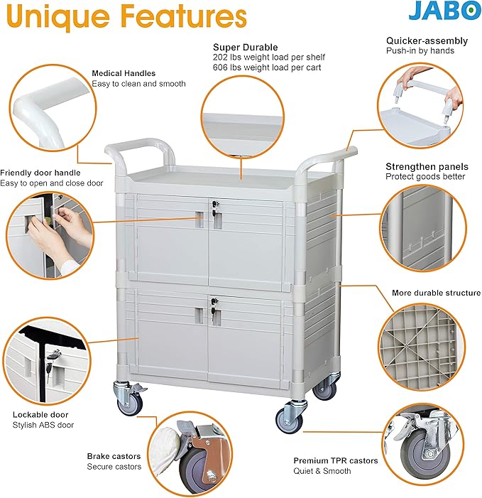 JaboEquip Large Lockable Medical Cart 3 Shelf Hospital Cart Overall Size - Image 3