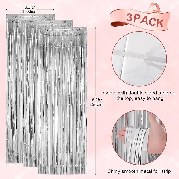 3 Pack 3.3x8.2 Feet Silver Foil Fringe Backdrop Curtains, Tinsel Streamers - Image 3