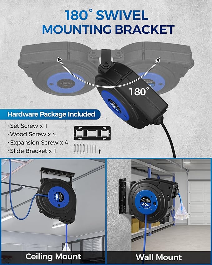 Retractable Extension Cord Reel, 40 FT Heavy Duty Power Cord, 12AWG/3C SJTOW - Image 7