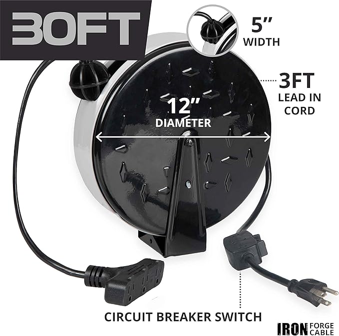 Iron Forge Cable 30 Ft Retractable Extension Cord Reel - Image 3