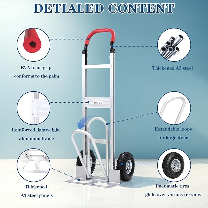 Aluminum Alloy Hand Truck with U-Shaped Handle, 2 Rubber Wheels, 600 lb Capacity - Image 3