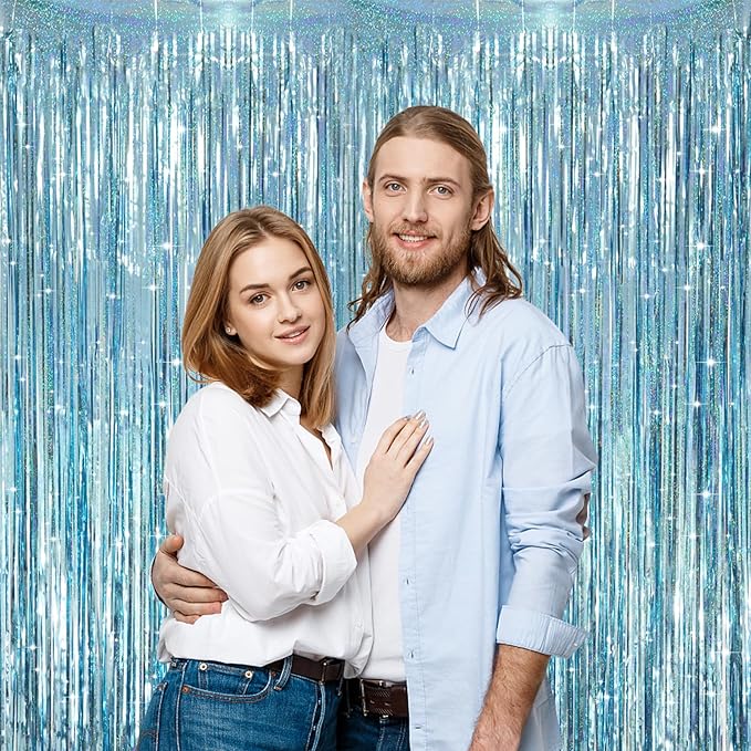 3 Pack 3.3 x 8.2 ft Laser Blue Foil Fringe Backdrop Curtains, Tinsel Streamers - Image 6