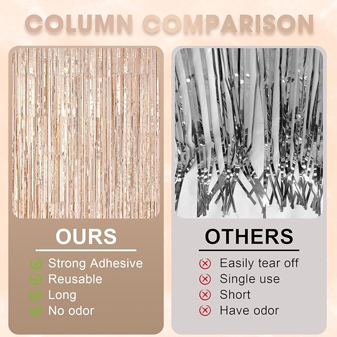 3 Pack 3.3 x 8.2 ft Laser Champagne Foil Fringe Backdrop Curtains, Tinsel - Image 6