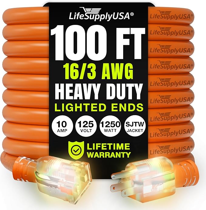 100ft Outdoor/Indoor Extension Cord 16/3 Gauge Heavy Duty 3 Prong SJTW by LifeSupplyUSA
