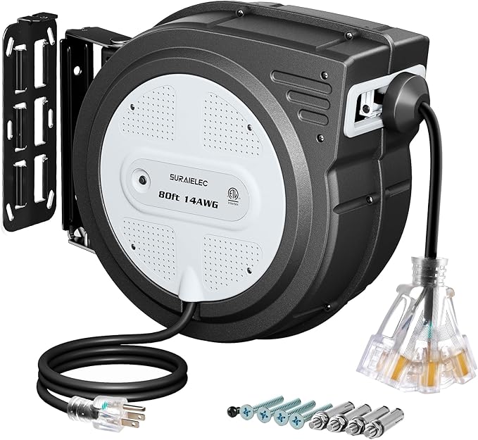 SURAIELEC 80 FT Retractable Extension Cord Reel, 14 AWG SJTOW Power Cord by SURAIELEC