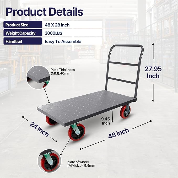 5Seconds Flatbed Platform Cart Industrial Dolly Heavy Duty 48” x 24” Platform - Image 2