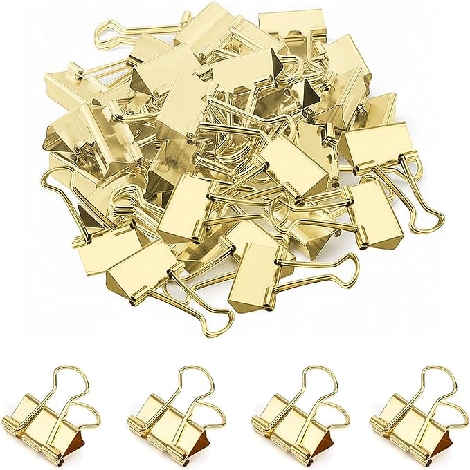 50 Pack Medium Gold Binder Clips 1 Inch, Colored Paper Clamps, Middle Size by Qikaara