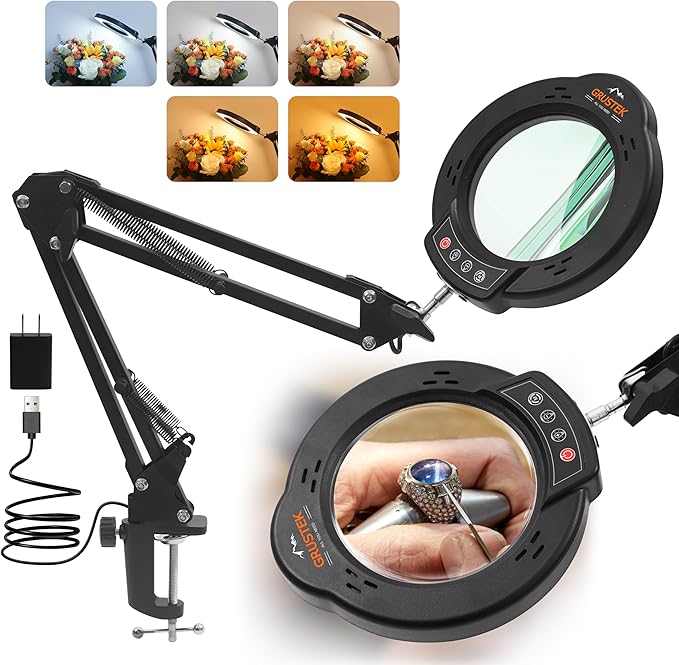 10X Magnifying Glass with Light and Clamp, 5 Color Stepless Dimmable Modes 84 by GrusTEK