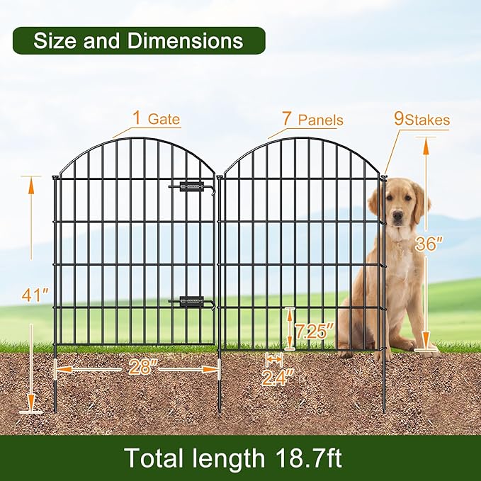 Metal Garden Fence with Gate 36in x 18.7ft, 1 Gate+7 Panels Dog Fence Border - Image 3