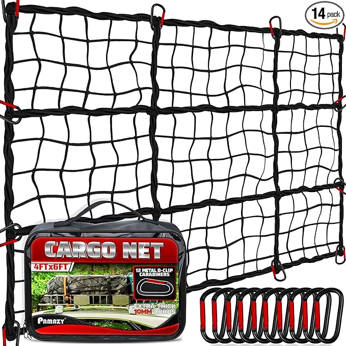 4'x6' Heavy Duty Cargo Net Stretches to 8' x 12', Extra Thick 10mm Cord Bungee by Pamazy