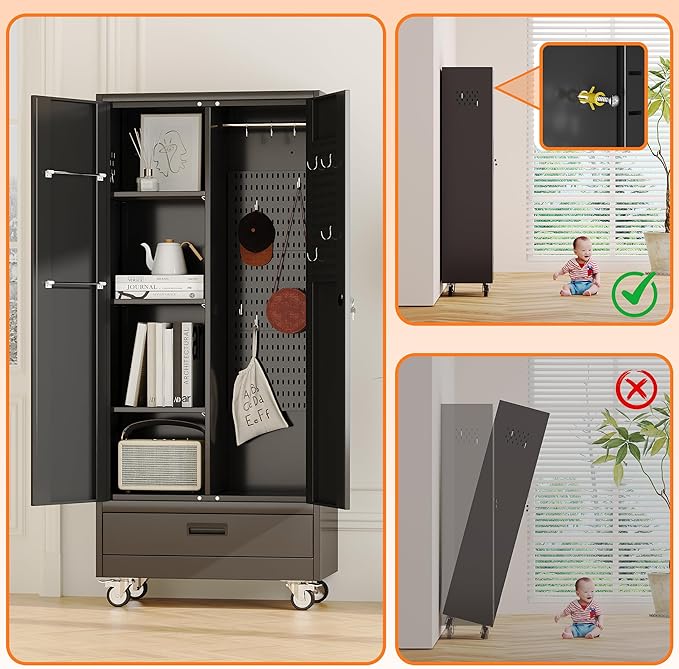 Aobabo Metal Broom Closet Storage Cabinets on Wheels, Steel Mop and Broom - Image 5