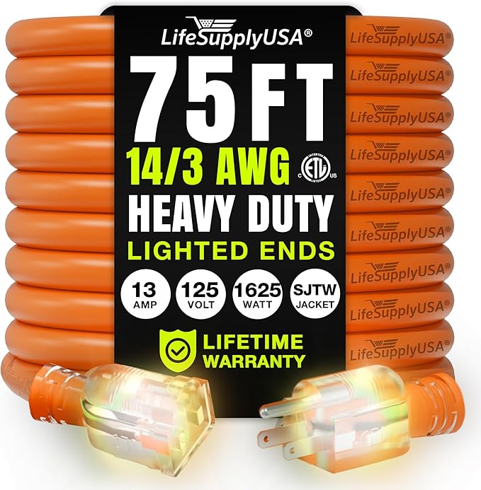 75ft Outdoor/Indoor Extension Cord 14/3 Gauge Heavy Duty 3 Prong SJTW, by LifeSupplyUSA