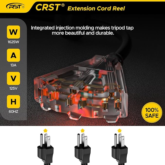 CRST 50 FT Retractable Extension Cord Reel, 14AWG/3C SJTOW Heavy Duty Power Cord - Image 6