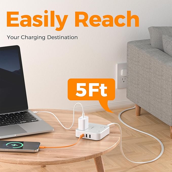 Flat Plug Extension Cord 5 Ft, TESSAN Surge Protector Power Strip Ring Pull - Image 6
